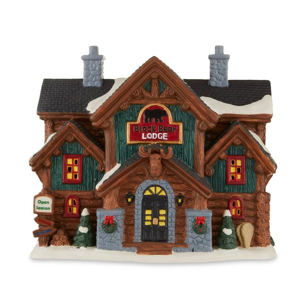 Multi-color 7.25" Light-up Black Bear Lodge Christmas Village House